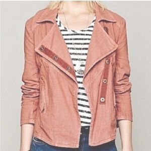 Free People Washed Pink Asymmetrical Moto Linen Utility Jacket Size Small